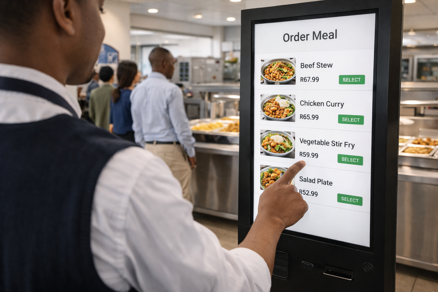 Employee using BiteOnSite kiosk pre-order system at workplace canteen